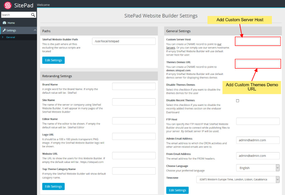 Custom Server Host and Demo URL – SitePad