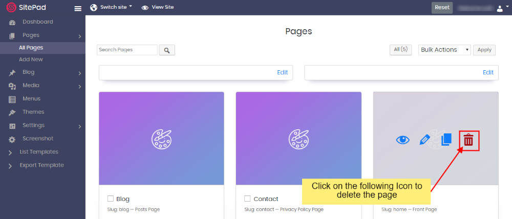 Delete a Page – SitePad
